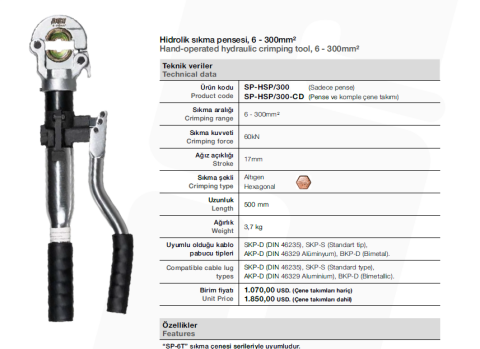 SUPERPRESS SP-HSP/300-CDD 6 TON HİDROLİK SIKMA PENSESİ ÇENELERİ DAHİL
