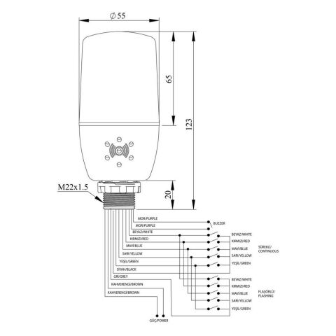 EMAS IF5M024ZM05 ÇOK FONK IŞIK KOLON 55 MM 24V BUZZERLİ VİDALI AYAK