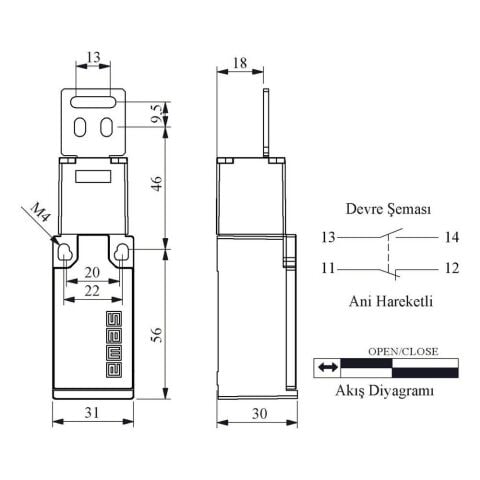 EMAS L5K13LUM322 EMNİYET SINIR ŞALTERİ DÜZ METAL ANAHTARLI
