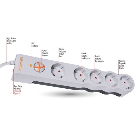 TUNÇMATİK POWERSURGE 5 Lİ AKIM KORUMALI PRİZ TSK6134