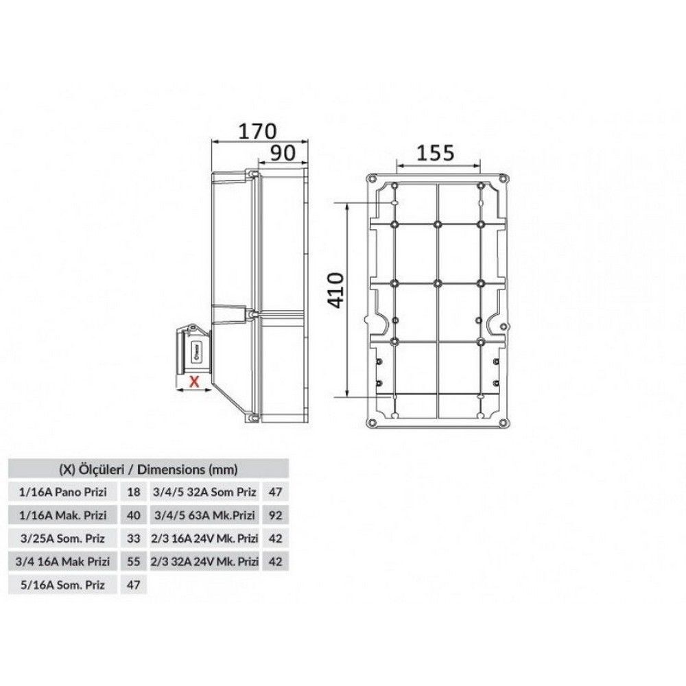 BEMİS BD8-2434-4020 ÖN 4 AD. 5/32A. 380V. ÖN 4 AD. 1/16A. 220V. PANO PRİZ
