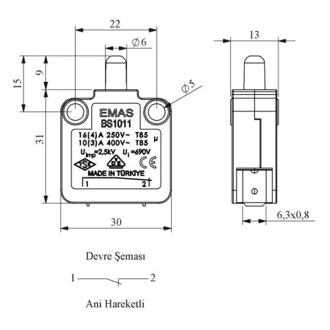 EMAS BS1011 BUTON SİVİÇ (TERS) ANİ HAREKETLİ 1NK