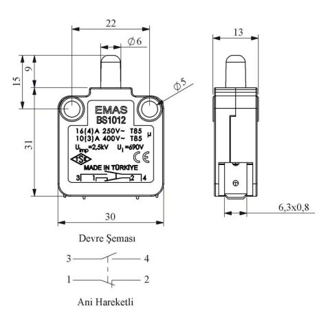 EMAS BS1012 BUTON SİVİÇ ANİ HAREKETLİ 1NA+1NK